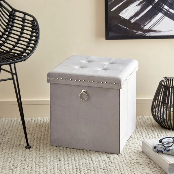 Dunelm Luxe Traveller Grey Velvet Cube
